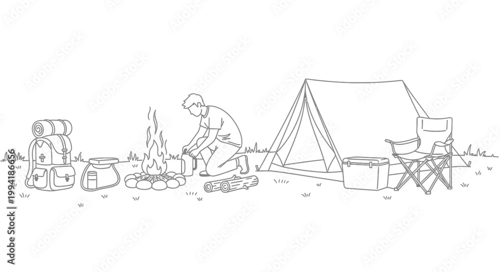 Obraz premium Line art illustration of a person camping in the wilderness.
