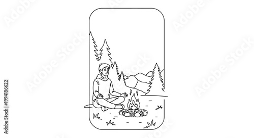 A man sitting in meditation by a campfire in a forest.
