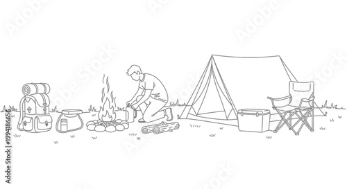 Line art illustration of a person camping in the wilderness.