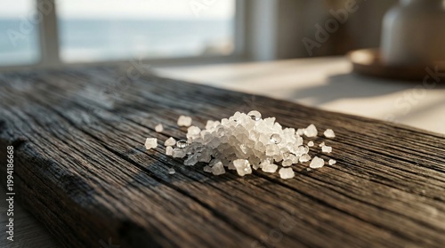 Sea salt crystals piled on rustic wooden table with ocean view  