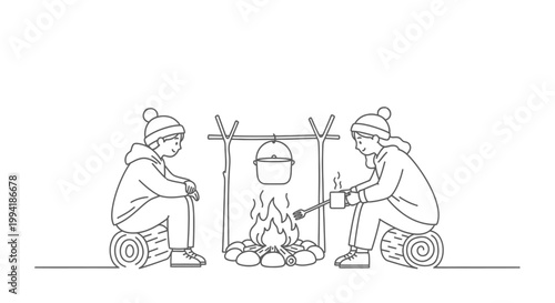 Line art illustration of two people camping by a campfire with a cooking pot.