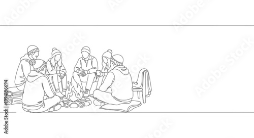 Group of friends sitting around a campfire outline drawing.