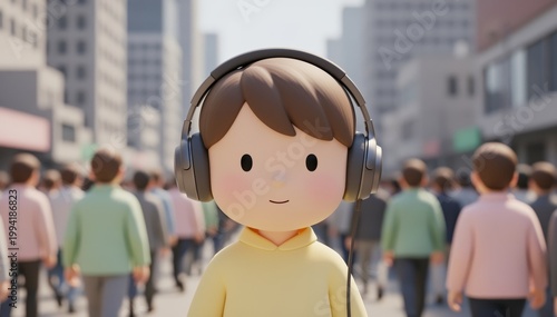 a cute cartoon boy wearing headphones standing on a crowded city street, listening to music or podcast in a busy urban environment.