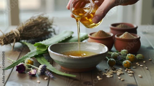 Hand pouring honey into a bowl with aloe vera and herbs on a wooden table