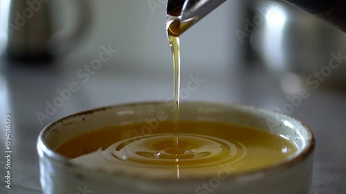 A spoon pouring honey into a ceramic bowl on a kitchen counter with warm tones.