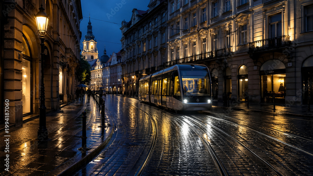 Fototapeta premium Rue européenne mouillée après la pluie à l’heure bleue