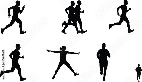 Running people silhouette collection, athletes jogging and sprinting poses, fitness training black vector illustration isolated on white background