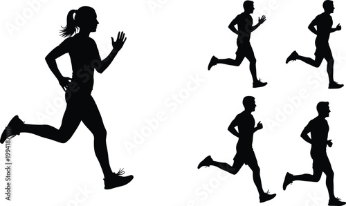 Running people silhouette collection, athletes jogging and sprinting poses, fitness sport black vector illustration isolated on white background