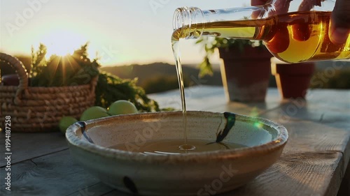 Olive oil pouring into a bowl on a table with a basket of herbs and limes at sunset
