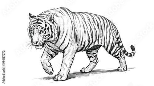 Detailed Sketch of a Majestic White Tiger Walking Confidently.