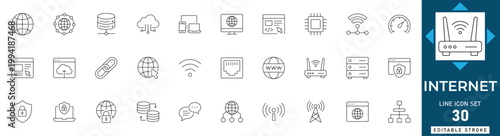 Internet line icon set featuring network, web, connectivity, cloud, browser, technology, and digital connection. Professional editable vector illustration.
