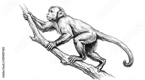 Detailed sketch of a monkey climbing a tree branch.