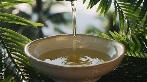 Close-up of water pouring into a ceramic bowl surrounded by lush greenery with natural light