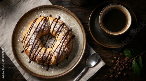 Chocolate Drizzled Pastry Ring with Powdered Sugar and Coffee Cup on Plate, Photorealistic Studio Food Photography, Flat Lay