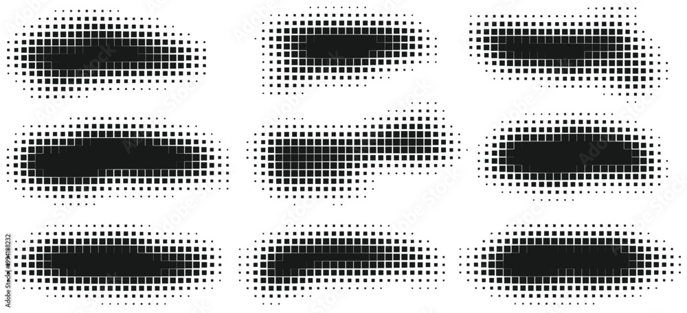 Fototapeta premium Halftone dotted black shapes on white background. Blob stroke set with square pixel noisy effect. Abstract splatter stroke digital banner texture. Vector illustration