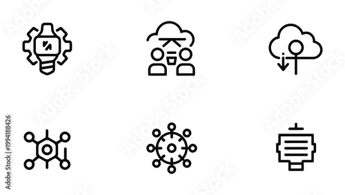 Digital Cloud Icons: A collection of sleek, modern icons representing cloud computing, data transfer, and technological innovation. Showcasing concepts of connection, innovation.