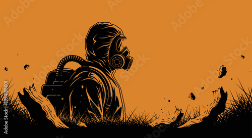 hazmat suit person with gas mask standing in a post-apocalyptic environmental disaster zone depicting danger and survival.