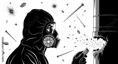 person in hazmat suit and gas mask inspecting environmental contamination from industrial accident with asbestos debris.