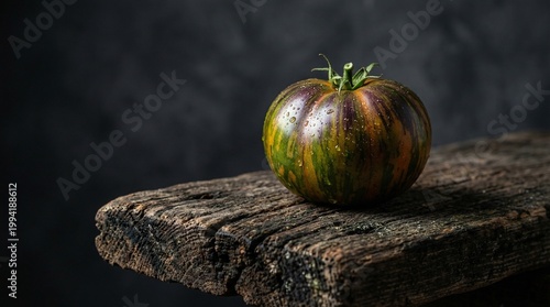 Ripe heirloom tomato on wooden table against dark background  