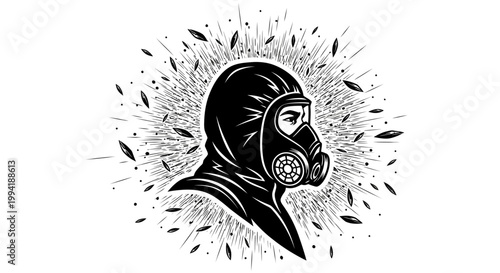 hazmat suit with gas mask protective gear illustration symbolizing biohazard and virus protection.