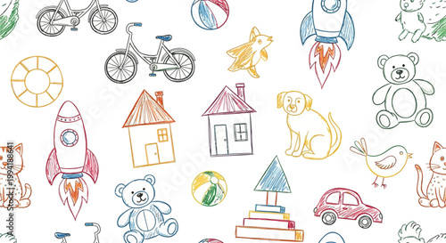 colorful hand-drawn seamless pattern of childrens drawings featuring animals houses and toys for creative kids designs.