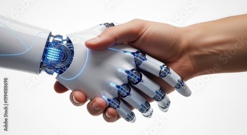 A robotic hand shaking a human hand in a gesture of partnership and innovation
