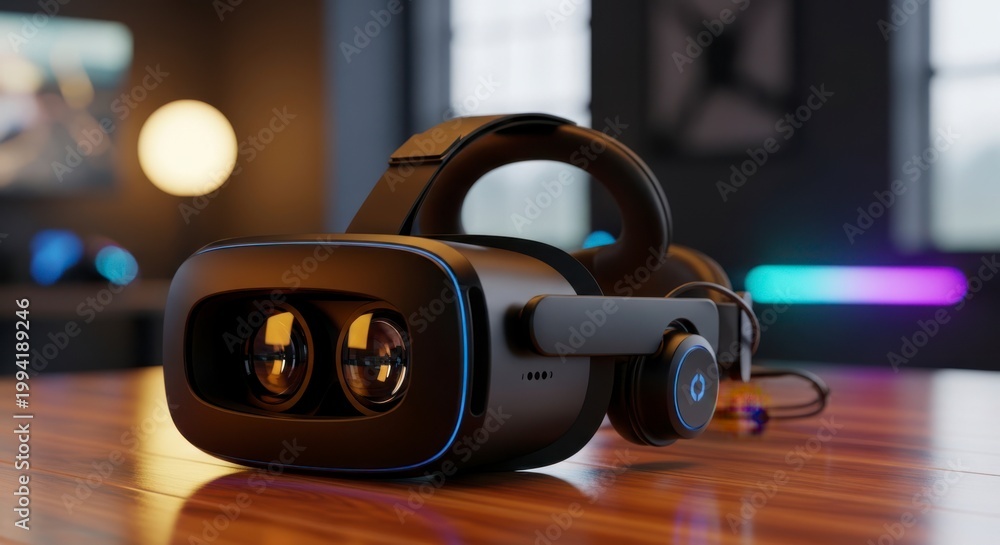 Fototapeta premium A sleek virtual reality headset sits on a wooden table in a modern room with vibrant lighting.