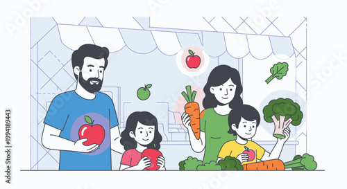 Illustration of a family of four holding fresh vegetables and fruits in a market with a colorful and lively atmosphere.