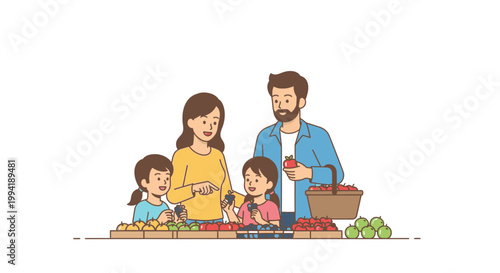 Illustration of a family of four shopping for fresh produce at a market with a variety of fruits and vegetables on display.