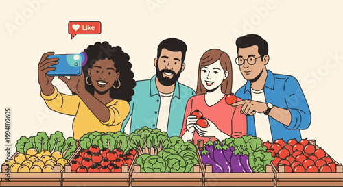 Illustration of diverse people taking a selfie with fresh produce at a market with a cheerful mood.