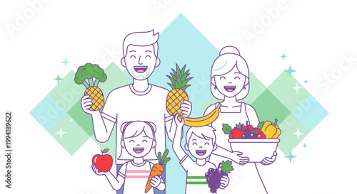 Illustration of a happy family holding various fruits and vegetables with a colorful geometric background.