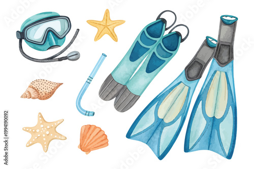 Watercolor Diving Fins , Swimming Gear Clipart, vector illustration Isolated on White background