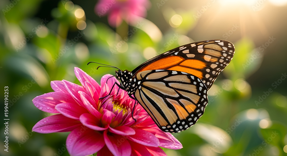 Obraz premium Beautiful Monarch butterfly resting on a pink dahlia flower in a bright sunny garden, macro photography