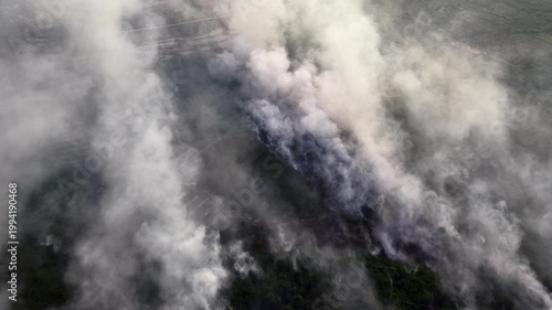 Thick smoke rises over burning forest terrain