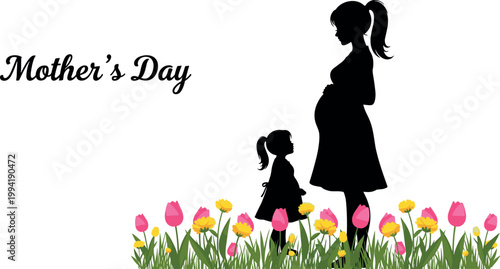Mother’s Day silhouette of pregnant woman with child standing in spring flowers family love flat vector illustration design