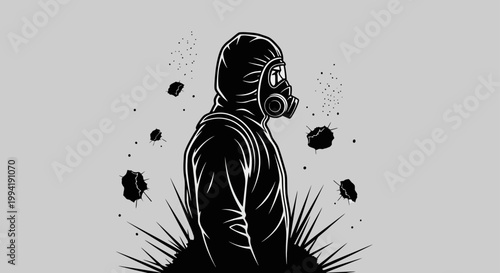 a lone figure in a protective hazmat suit and gas mask stands amidst a dangerous post-apocalyptic landscape with debris.