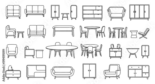 furniture icons and home furnishings for interior design illustrating various elements for floor plans and modern room layouts.
