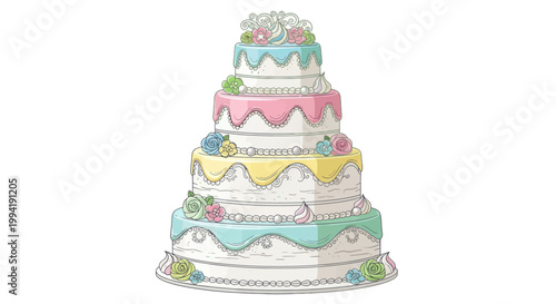 Elegant Multi-Tiered Wedding Cake with Pastel Icing and Floral Decorations