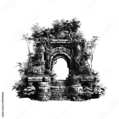 Fotografía Black and white halftone illustration of ancient stone arch ruins with overgrown vegetation, minimal fantasy architecture concept with retro dot texture