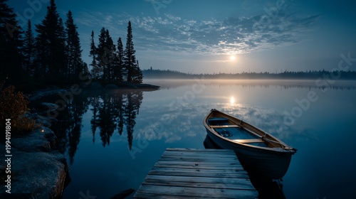 Wooden dock extends into tranquil lake at sunrise