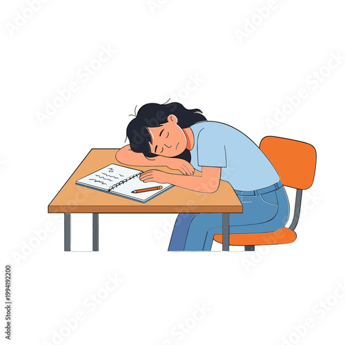 A woman sleeps on a desk with her head resting on her arm next to a notebook.