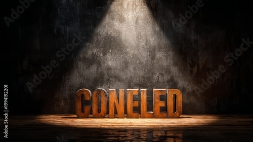 A dramatic spotlight shines down on a wooden sign with the word GONELED in a dark room