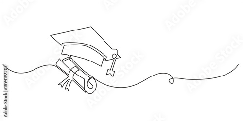 one line art graduation cap sketch, graduation cap one line illustration, hand drawn continuous sketch of student hat on white background Single continuous line art graduation cap. Celebration 