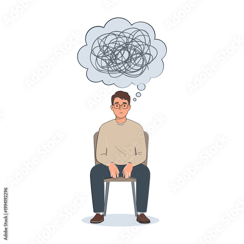 A man sits on a chair with a confused thought bubble above his head