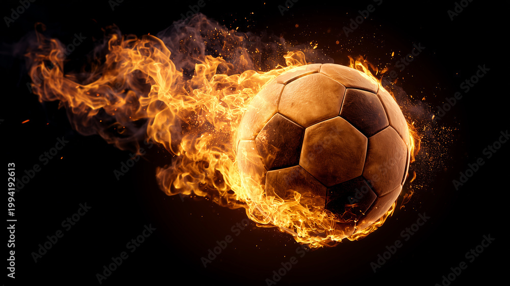Fototapeta premium Football in Flames with Dramatic Fire Explosion Scene