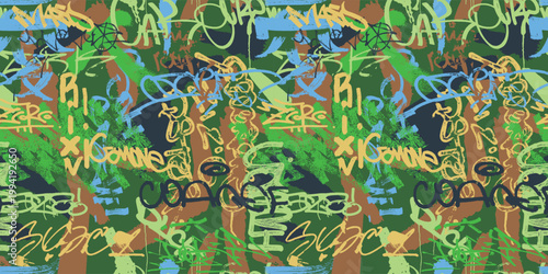 Abstract seamless chaotic pattern with graffiti words and strokes of paint. Grunge dirty texture, spray painting slogan. Wallpaper for boys. Fashion urban style, design print. Vector background