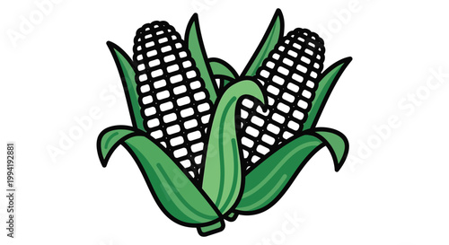 A vibrant illustration features two corn cobs with green husks displaying a striking graphic silhouette high quality professional detailed modern elegant