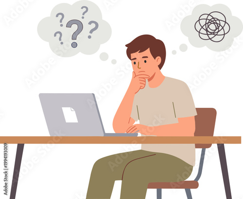 A man sits at a desk thinking deeply while using a laptop with confused thoughts and scribbles above his head.