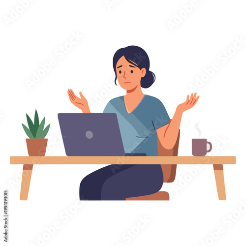 A woman sits at a desk with a laptop and expresses confusion.