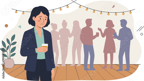 Woman in business attire stands alone at a party with people in the background on a wooden floor